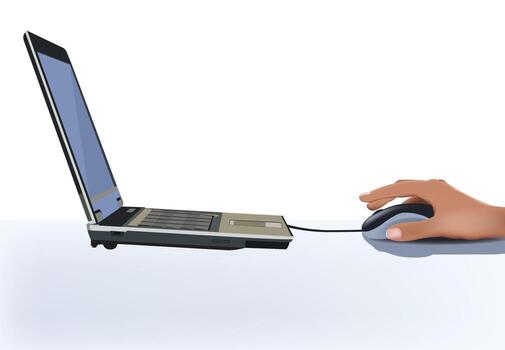 Hand using mouse with laptop on desk, working remotely vector