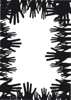 Many hands reaching out creating a frame with white space vector
