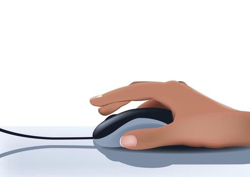 Hand using computer mouse on reflective surface vector
