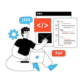 Man coding with laptop and programming languages vector