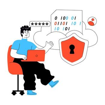 Person using laptop in a secure cloud environment vector