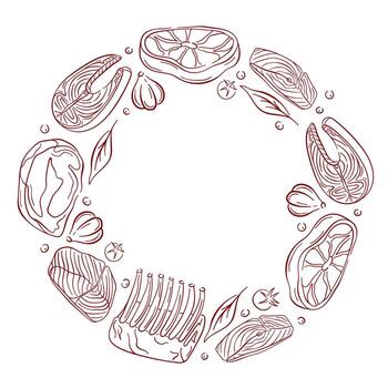 Meat and fish salmon cuts arranged in a circular frame with herbs, garlic and tomato on a white background in line art style. vector