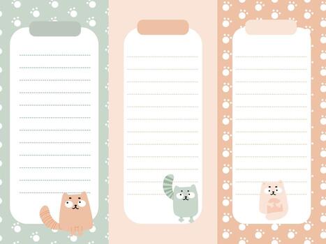 A set of sticky notes with cute cats on different backgrounds in a simple flat style vector