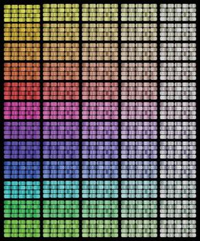 comprehensive grid displays a versatile collection of smooth metallic gradient color swatches showcasing a full spectrum of vibrant hues from warm golden yellows coppers and reds to pinks. vector
