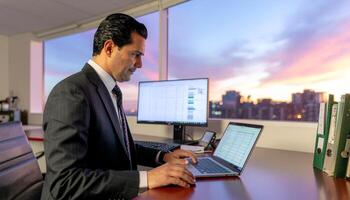 dedicado empresario trabajos a puesta de sol con ordenador portátil y escritorio foto