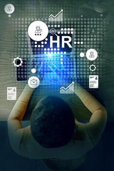 Person working on human resources tasks with digital icons representing recruitment and performance metrics photo