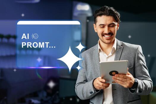 Smiling man engaging with a tablet device in a modern office setting during a creative brainstorming session photo