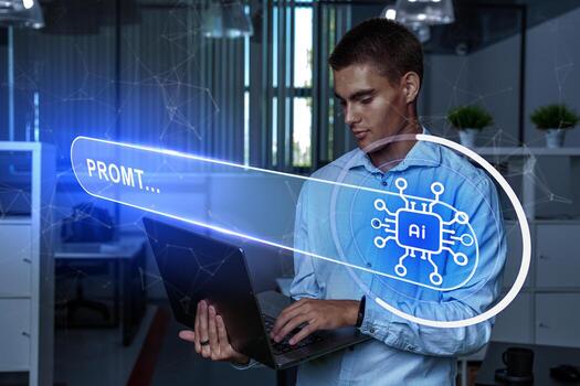 Young man using a laptop in a modern office while interacting with artificial intelligence technology display photo