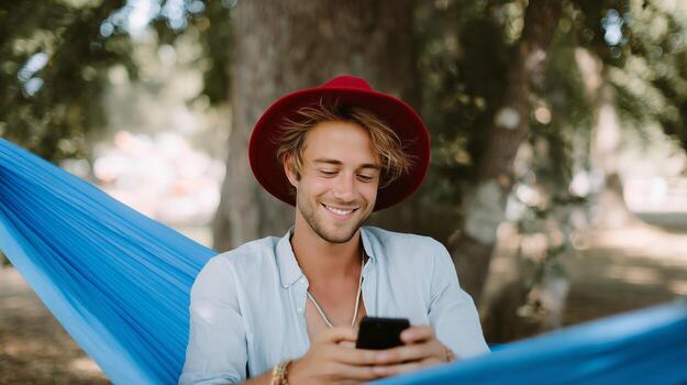 Young man relaxing in hammock while using smartphone under trees on a sunny day in a park photo