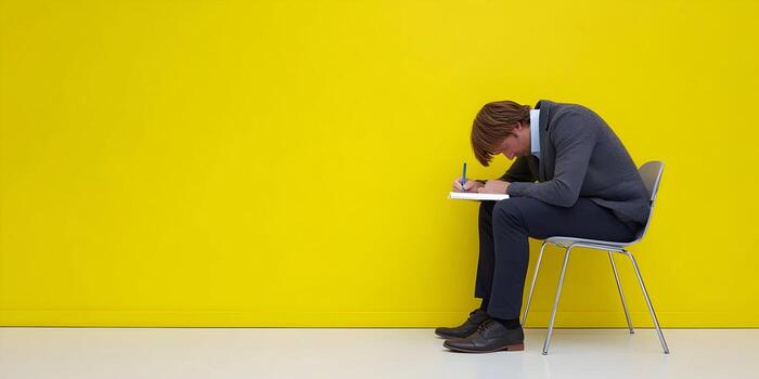 Man sits on chair writing in notepad against yellow wall photo