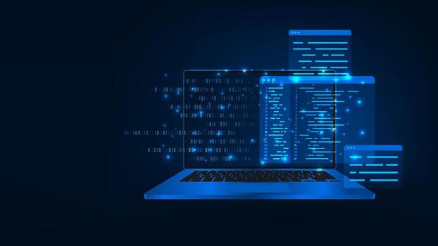 Laptop with coding and data visuals vector