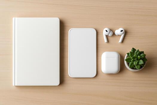 Minimalist Workspace with Smartphone, Notebook, and Wireless Earbuds on Wooden Desk photo