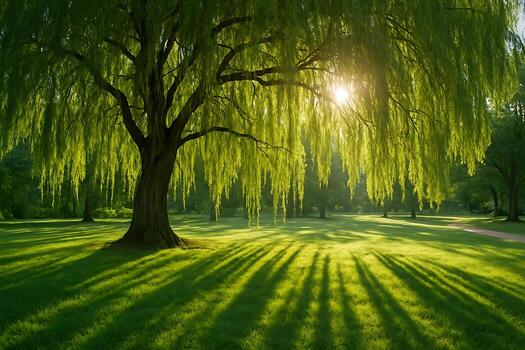 Majestic Willow Tree with Sunlight Streaming Through Branches in Green Park photo