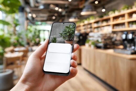 cliente utilizando móvil pago aplicación en acogedor café tienda foto