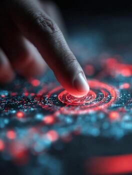 Finger activating futuristic digital user interface with red and blue lights photo