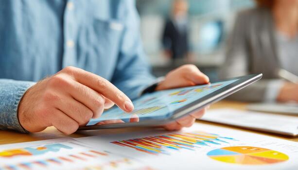 Businessman analyzing financial charts on digital tablet and paper reports photo