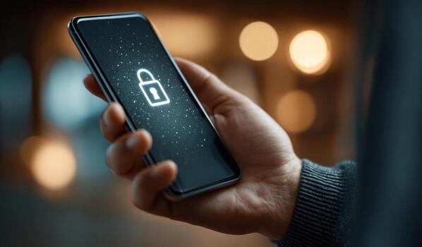 Person holding smartphone showing security lock icon, data protection and cybersecurity concept photo