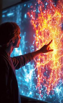 Urban planner analyzing futuristic city map projection on interactive screen photo