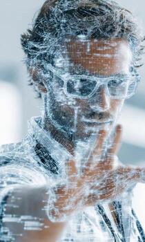 Businessman wearing augmented reality glasses interacting with digital data mesh photo