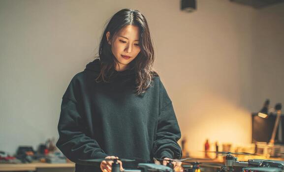 Engineer working on drone in modern office photo