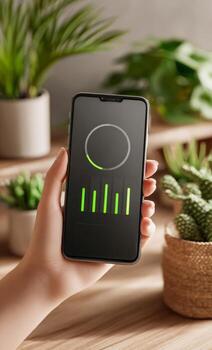 Woman holding smartphone with green loading bar and plants in background photo