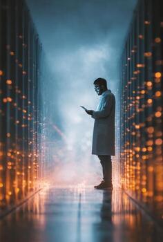 It engineer working with tablet in server room corridor with orange and blue lights photo