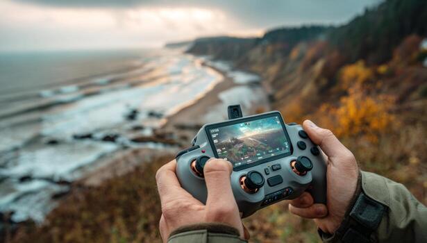 Videographer piloting drone using remote controller overlooking scenic coastline photo