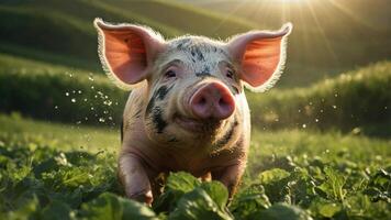 contento cerdo corriendo mediante un lozano verde campo debajo un brillante Dom con colinas en el antecedentes foto