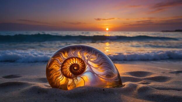 Sunset over a serene beach with a glowing nautilus shell resting on the sand, waves gently lapping photo