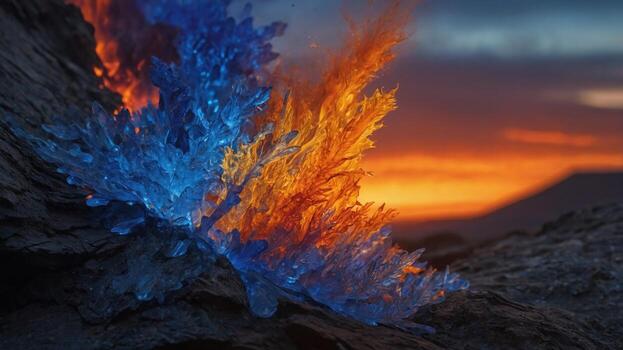 Vibrant blue and orange crystalline formations contrasting against a fiery sunset landscape photo