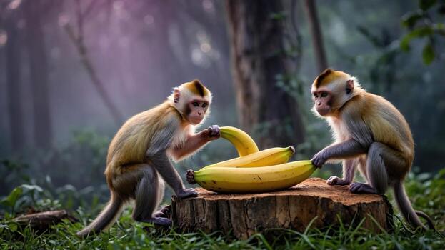 Two playful monkeys interact with bananas on a log in a serene forest setting, with soft light filtering through trees photo