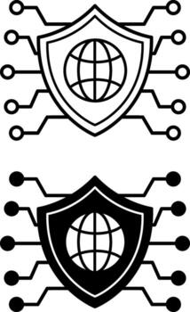 Network Security Icons. Black and White Illustrations. Shield and Planet Earth. Protect Computer Networks and Data from Unauthorized Access, Theft, Damage, and Unauthorized Use vector