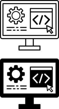 Software Development Icons. Black and White Illustrations. Computer, Gear, Mouse Cursor, and Web Page. Computer Programs and Applications Creation. Information Technology Concept vector
