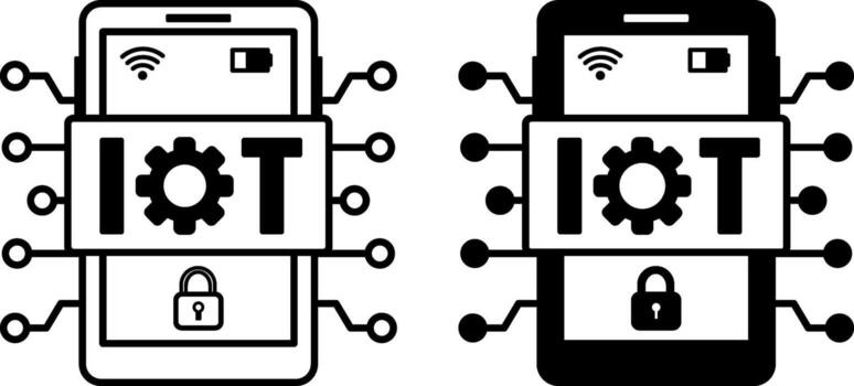 Internet of Things Icons. Black and White Illustration. Mobile Phone, Wi-Fi, Battery. Integration of Digital Devices Equipped with Sensors and Software to Collect, Transmit, and Exchange Data vector