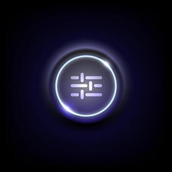 Shiny neon blue glowing button featuring a digital abstract symbol, futuristic user interface design concept vector