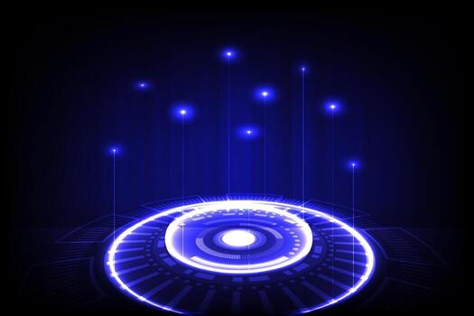 Abstract technology background featuring a glowing blue circle with digital light beams and futuristic UI elements vector