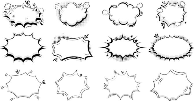 Set of comic speech bubbles and explosion frames in hand drawn style. Minimal black outline shapes for dialogue, action, and retro cartoon effects. vector