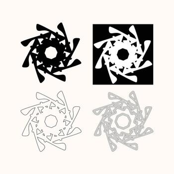 Four abstract designs featuring a modern and intricate star shape with dynamic, spinning elements. These versatile illustrations are perfect for a wide range of creative projects, including mod vector