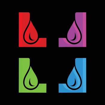 A modern and abstract illustration featuring a set of four unique designs with stylized liquid drops and a minimalist L shape. This collection is ideal for a wide range of creative projects, in vector