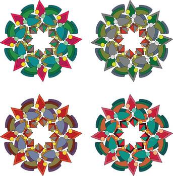 un moderno y cautivador ilustración conjunto presentando cuatro resumen floral mandala diseños, cada con un único y vibrante color paleta. esta colección es ideal para un amplio rango de creativo Pro vector