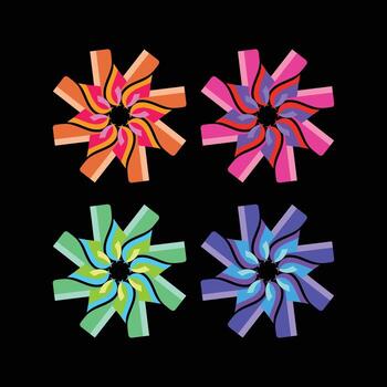 A modern and abstract illustration featuring a set of four unique designs with stylized spiral shapes and a minimalist geometric petal arrangement. This versatile collection is ideal for a wide vector