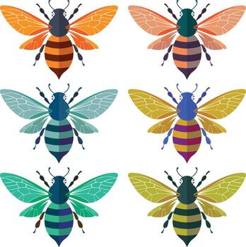 Six stylized honey bee illustrations each with a distinct color combination, perfect for creating modern designs, creative logos, and professional branding materials. This versatile set is idea vector