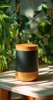 A black and wooden container sitting on a table photo