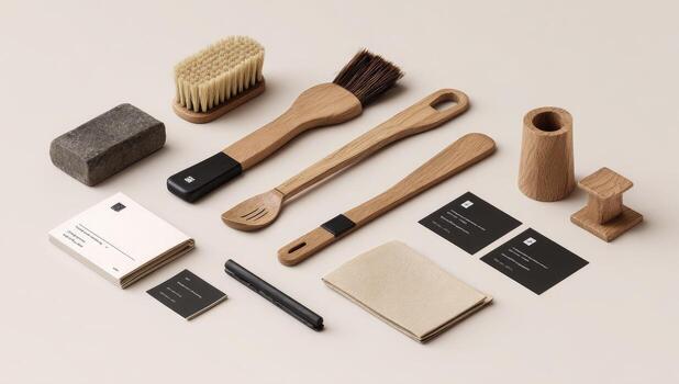 A set of wooden cleaning tools arranged on a table photo