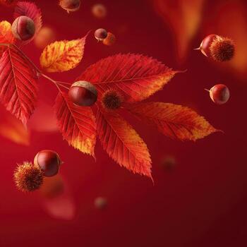 A red background with leaves and nuts photo