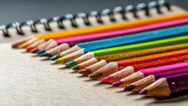 A group of colored pencils are lined up on a notebook photo