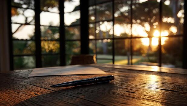 A pen sits on a table in front of a window photo