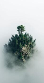 A tree is on top of a small island in the fog photo