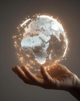 Hand holding a globe with network lines and dots on it photo