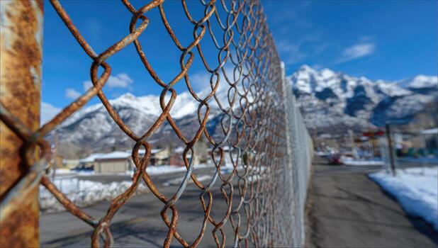 A chain link fence with a mountain in the background photo